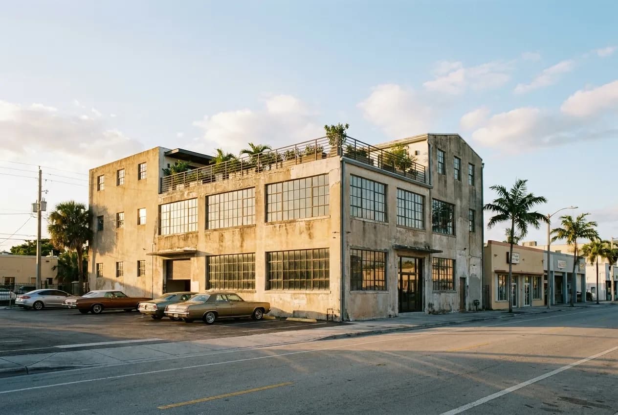 An industrial warehouse building at dusk in Miami's Little River neighborhood with rooftop seating area and parking lot.