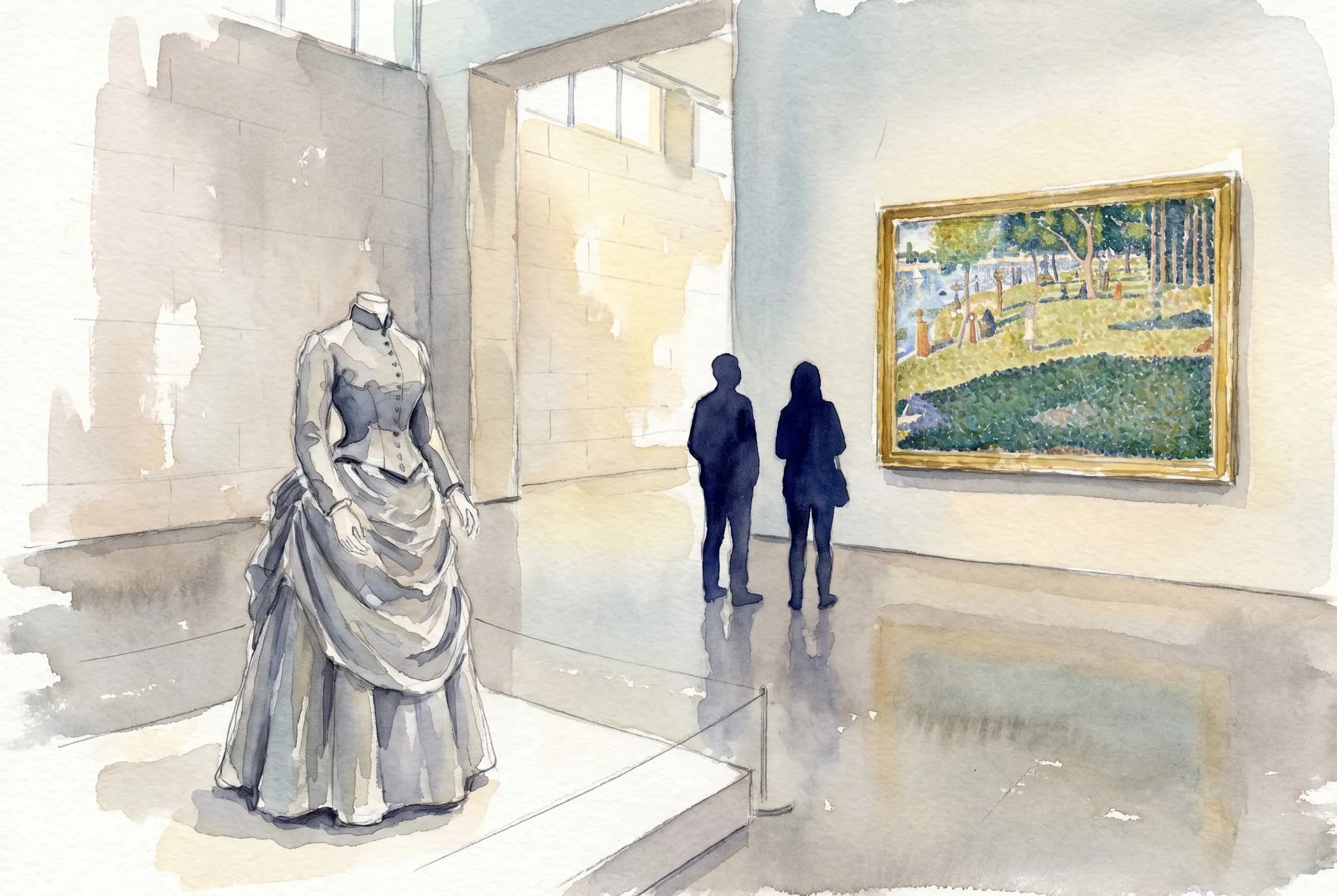 AI-generated watercolor: a high-ceilinged pale-stone gallery interior at the Metropolitan Museum mid-morning, a 19th-century dove-grey silk walking dress on a mannequin in the left foreground paired across the room with a Seurat-style pointillist landscape on the back wall, two visitors rendered as back-turned silhouettes deep in the middle distance, soft daylight from a high clerestory