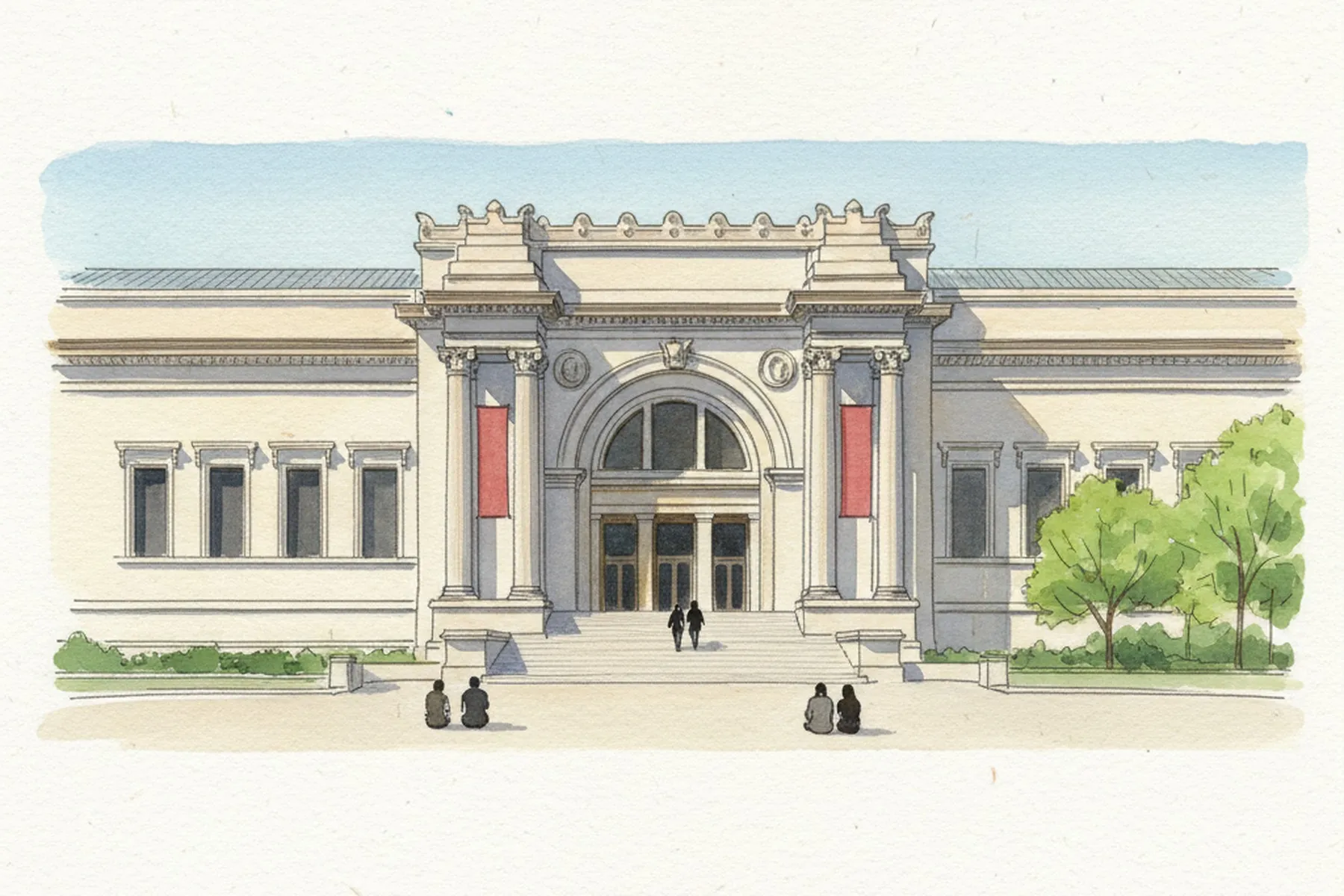 AI-generated watercolor: the limestone steps of the Metropolitan Museum on Fifth Avenue on a quiet Tuesday morning in May, only a handful of visitors visible as small dark silhouettes, banners hanging on either side of the central entrance arch shown as colored rectangles, spring sky and Central Park treetops to the side