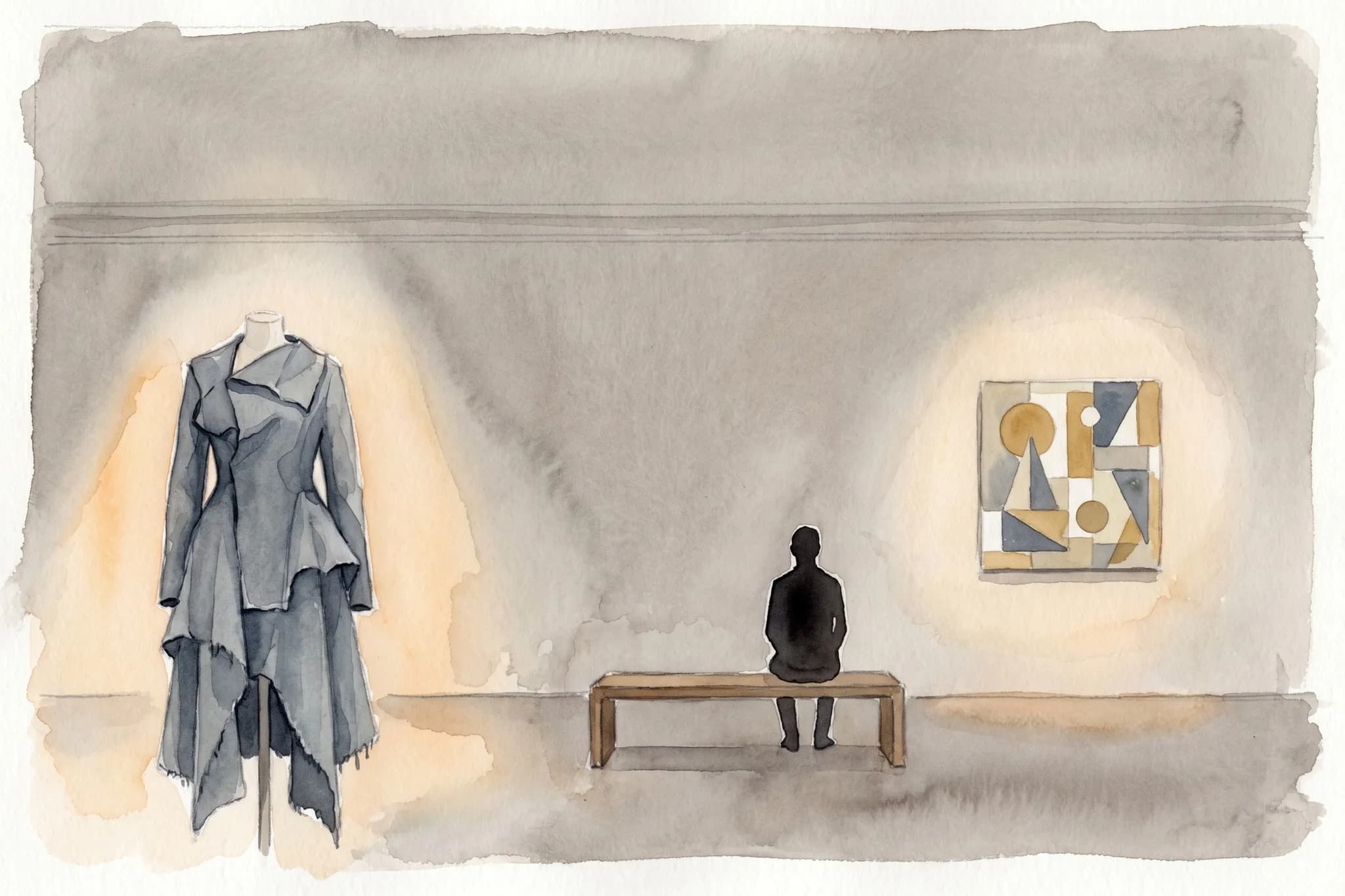 AI-generated watercolor: a quiet gallery vignette with a deconstructed slate-grey wool ensemble on a mannequin on the left, a small modernist abstract painting in muted geometric shapes on the wall to the right, a single back-turned dark silhouette figure on a bench between them, warm-grey gallery walls with strong negative space above
