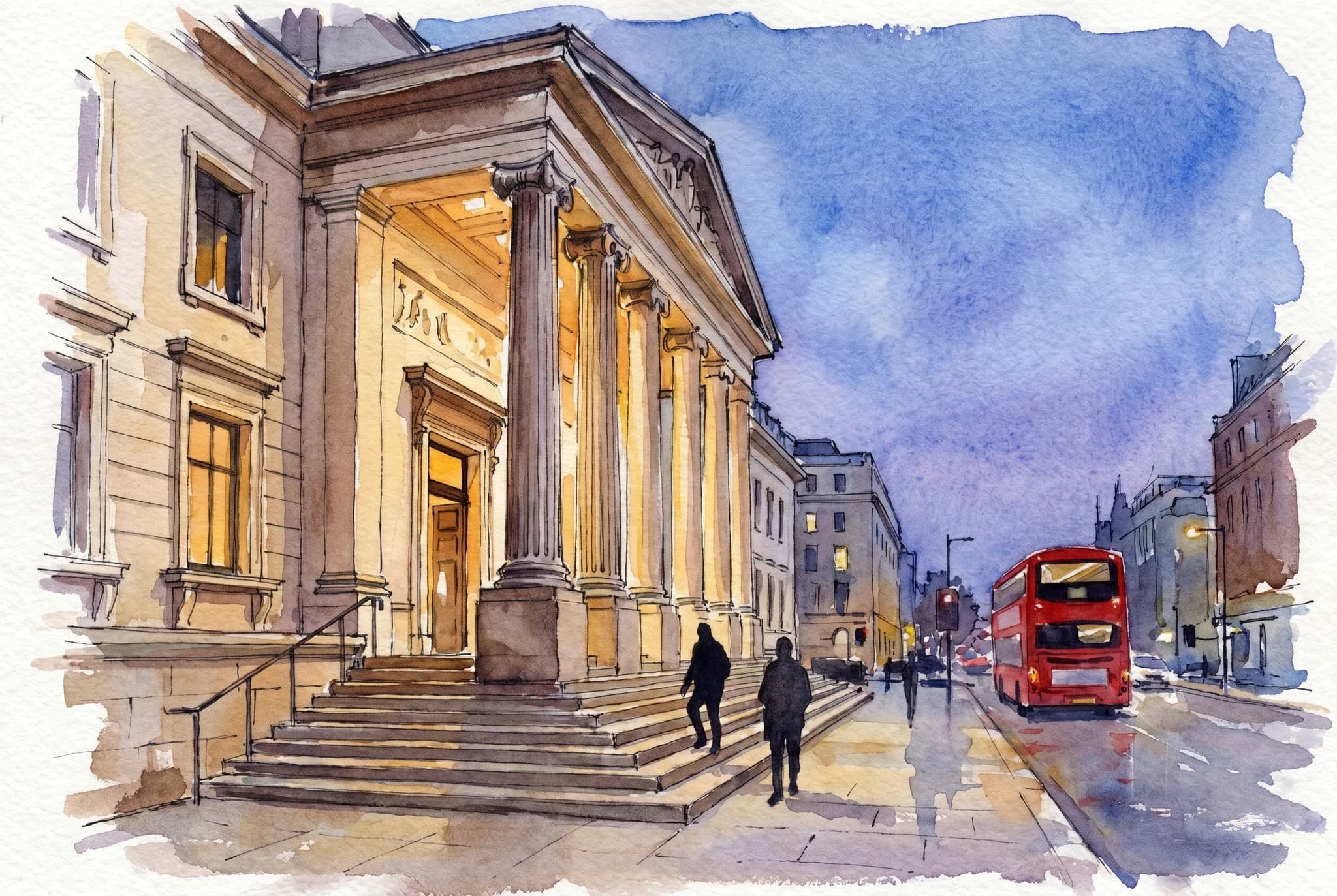 AI-generated watercolor: the 1932 neo-classical Portland-stone facade of the Wellcome Collection on Euston Road in central London at dusk, with tall fluted columns, a deep stone portico, soft amber lamp light from the entrance, two pedestrians rendered as pure dark silhouettes from behind climbing the steps, and a red double-decker London bus painted impressionistically in the mid-distance
