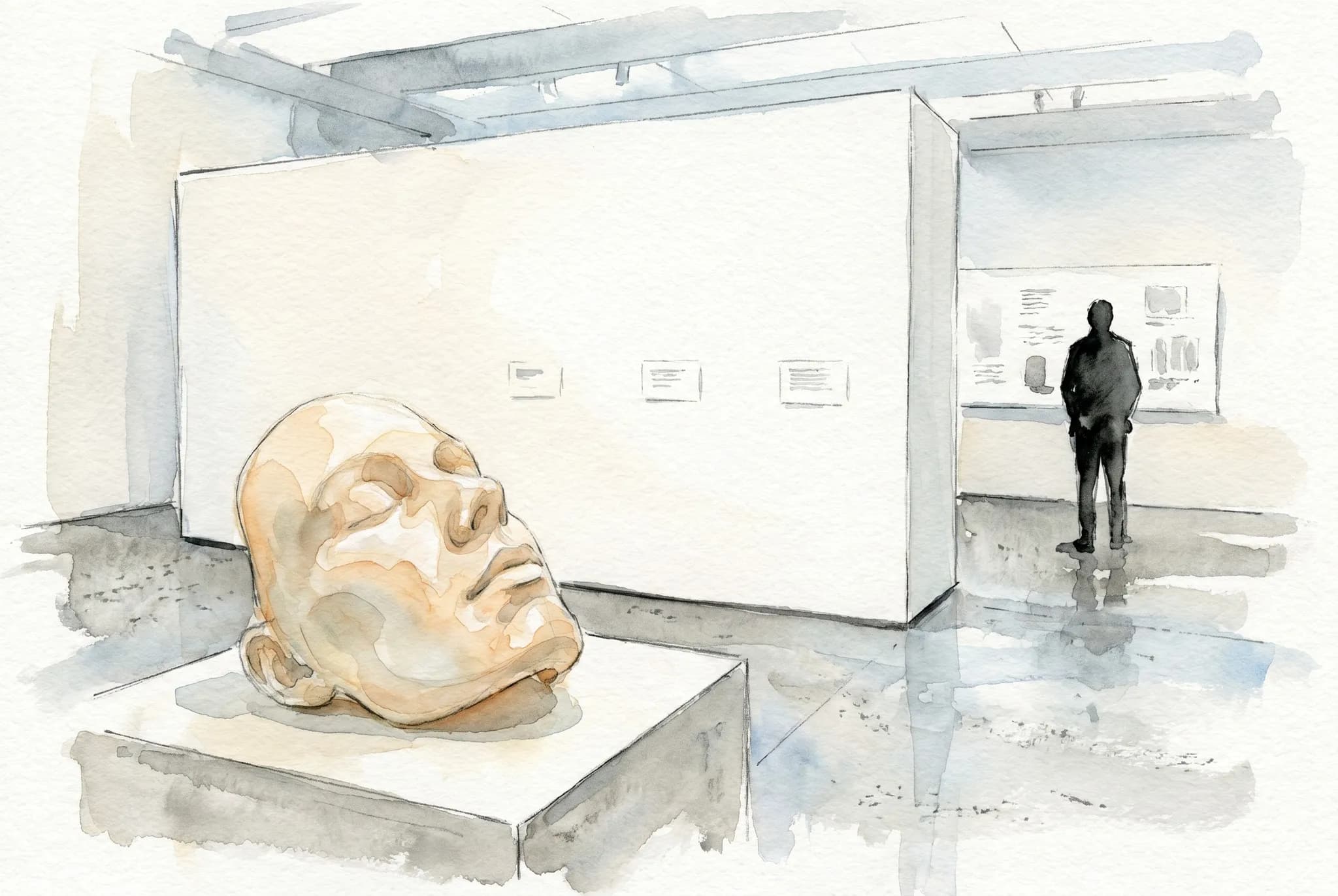 AI-generated watercolor: a contemporary museum gallery interior with clean white walls, polished concrete floor, soft cool-temperature lighting, a single life-size 3D-printed translucent face sculpture on a low minimalist plinth in the foreground in muted skin tones, three small rectangular wall labels behind, and one distant patron rendered as a pure dark silhouette from behind observing a wall display