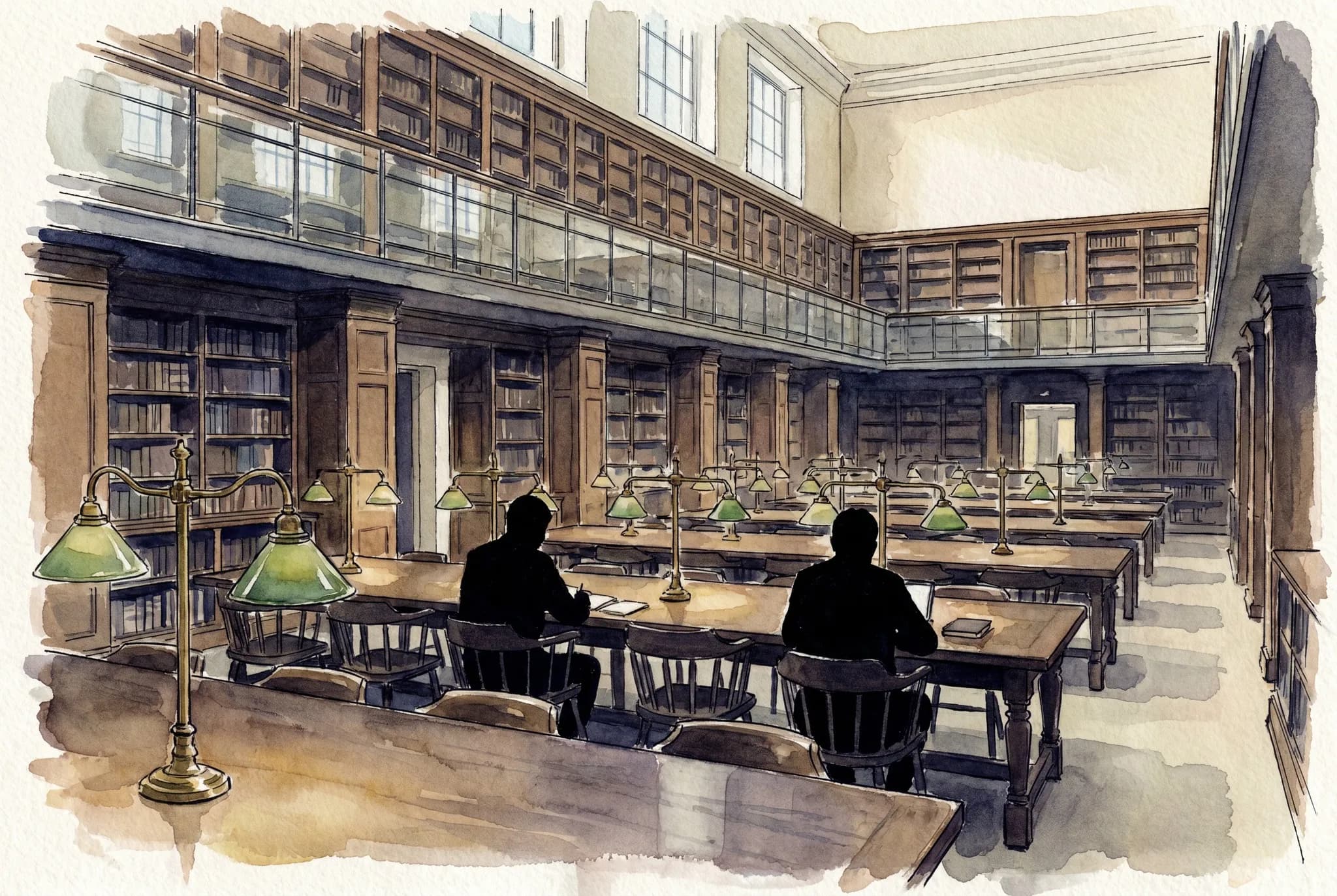 AI-generated watercolor: a research-library reading room interior in central London with long dark-oak refectory tables, brass library lamps with green glass shades, tall walnut bookcases lining the walls, a glass-and-iron mezzanine balcony above, two readers rendered as pure dark silhouettes from behind seated at the central table, and soft warm reading-lamp light against cooler clerestory daylight