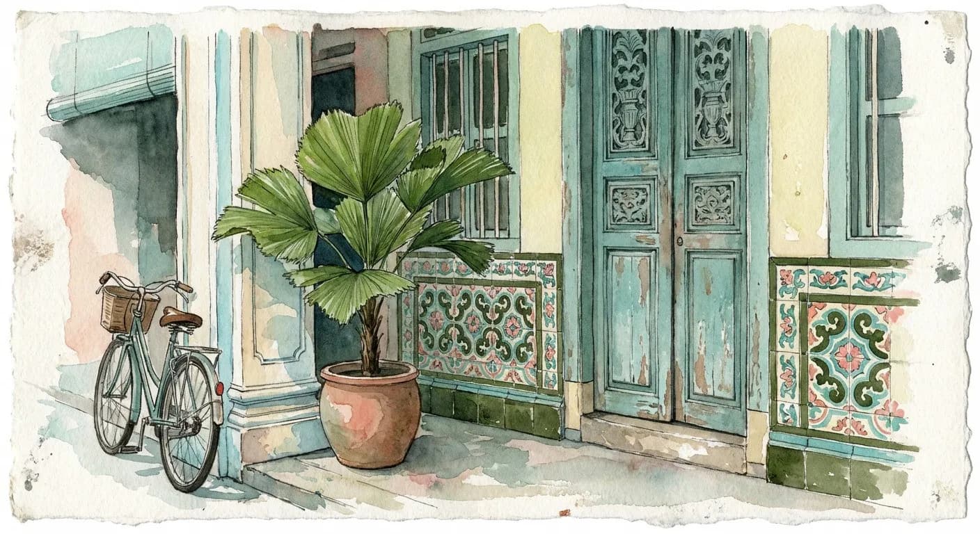A pre-war Joo Chiat shophouse with Peranakan polychrome tiles and decorative plasterwork