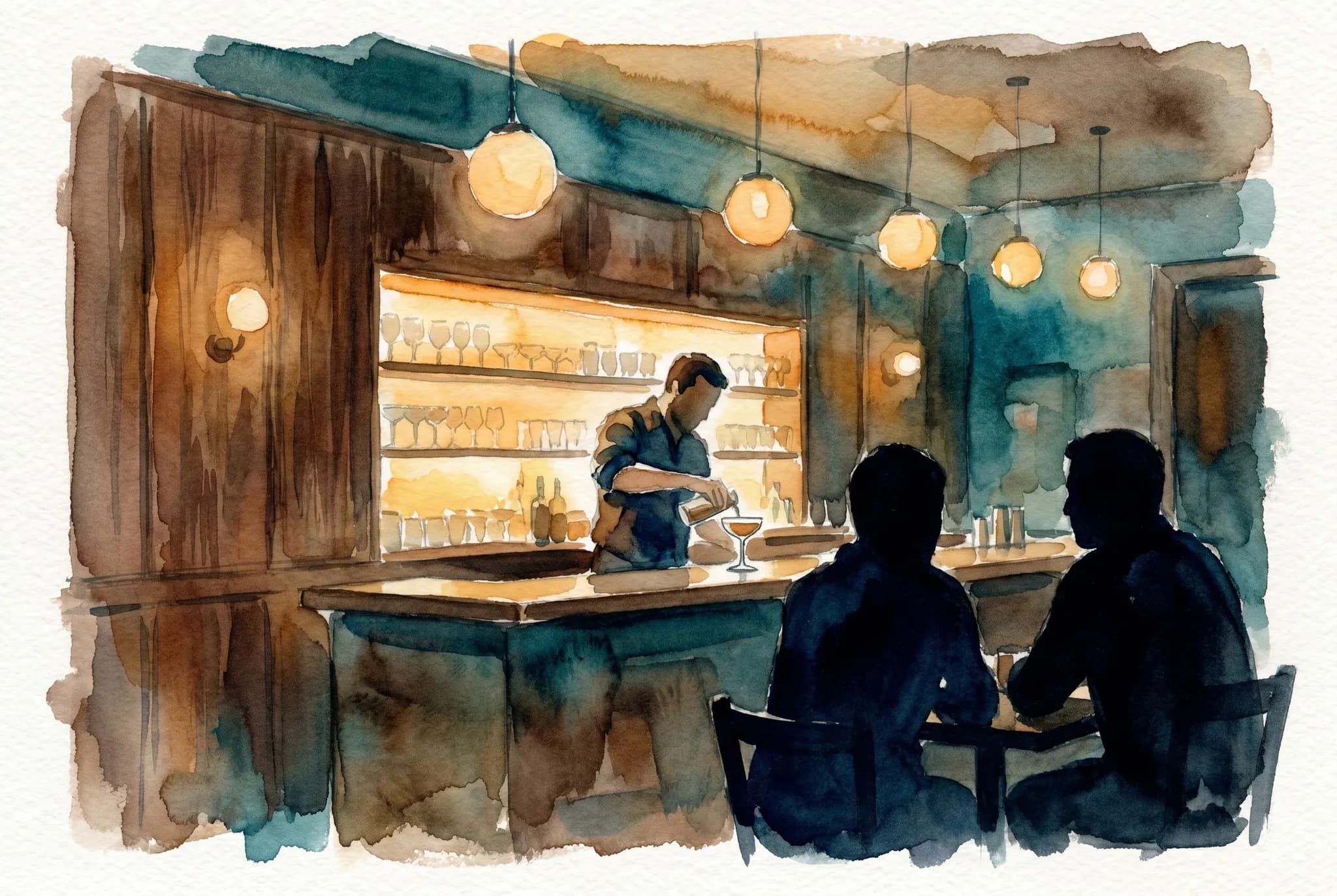 AI-generated watercolor: the back room of a Lower East Side cocktail bar at night, with mid-century walnut wood paneling, a long backlit bar lined with glassware, soft amber pendant lights, a single bartender in three-quarter back-turned view focused on a coupe glass, and two seated patrons rendered as silhouettes from behind in the foreground booths