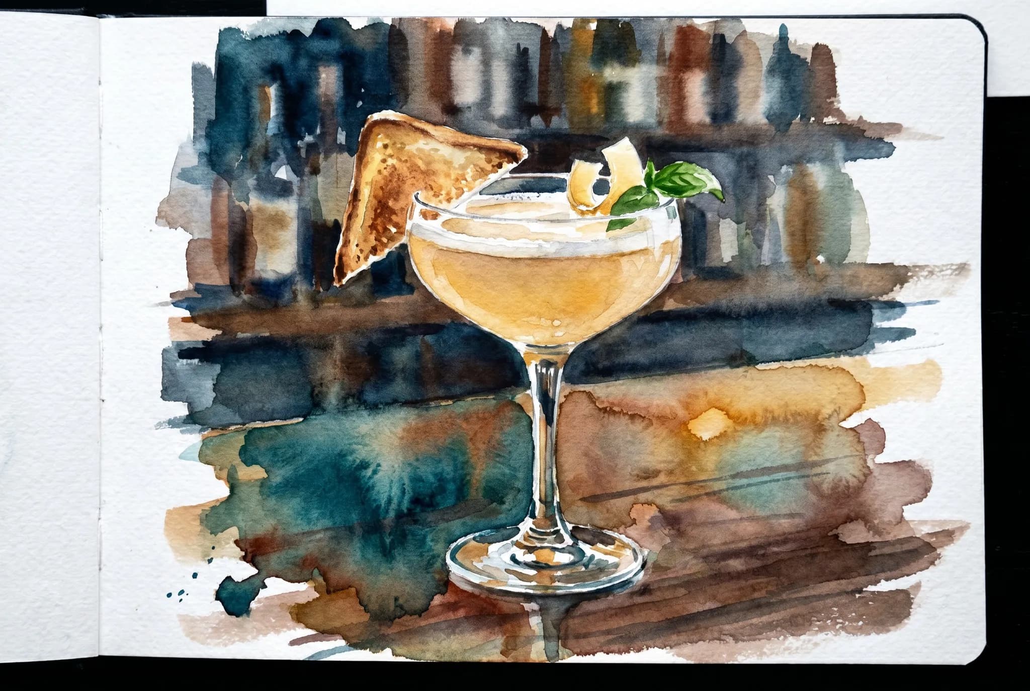 AI-generated watercolor: a still life of a single cocktail in a coupe glass on a wooden bar surface, with a clarified pale amber-gold liquid topped by a thin foam cap, garnished with a small triangle of burnt toast on the rim, a curl of Parmigiano shaved on the side, and one small basil leaf