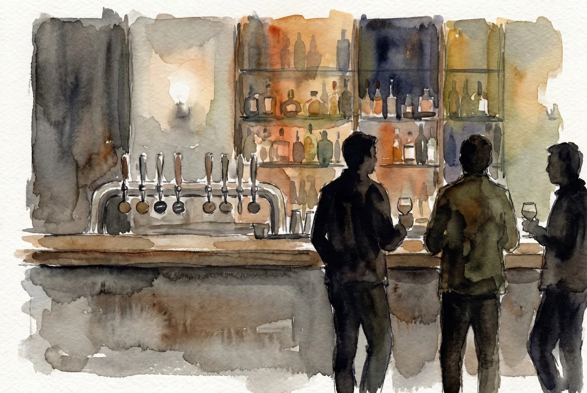 AI-generated watercolor: the front room of a casual Lower East Side cocktail bar, with a long wood-and-concrete counter, a row of polished cocktail-on-tap draft handles each carrying a small round numbered tag, soft amber wall light, glass shelves of bottles painted impressionistically behind the bar, and three standing patrons rendered as pure dark silhouettes from behind in the foreground