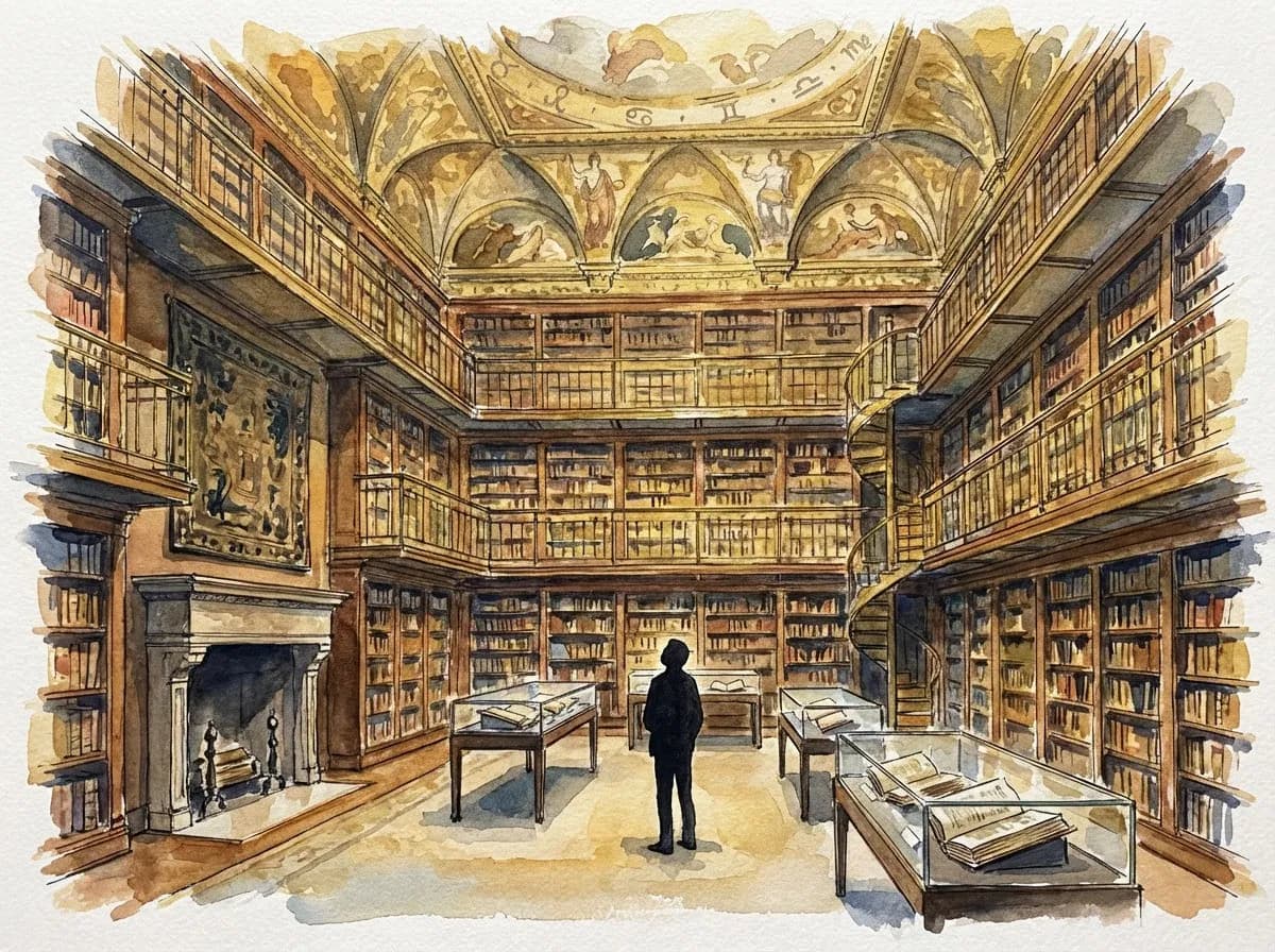AI-generated watercolor: interior of the Morgan Library East Room, three-story Circassian walnut bookshelves reaching thirty feet, gilded zodiac ceiling above, a lone silhouetted figure seated on the central sofa, warm amber lamp light
