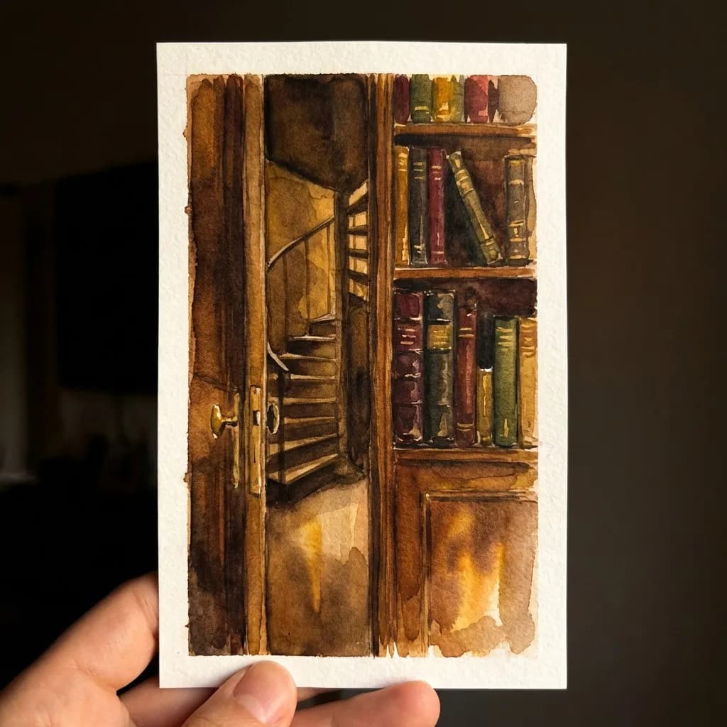 AI-generated watercolor: narrow spiral staircase revealed behind a hinged bookcase panel in a palatial wood-paneled library, small brass handle detail, warm candlelit amber tones, tall shelves receding above