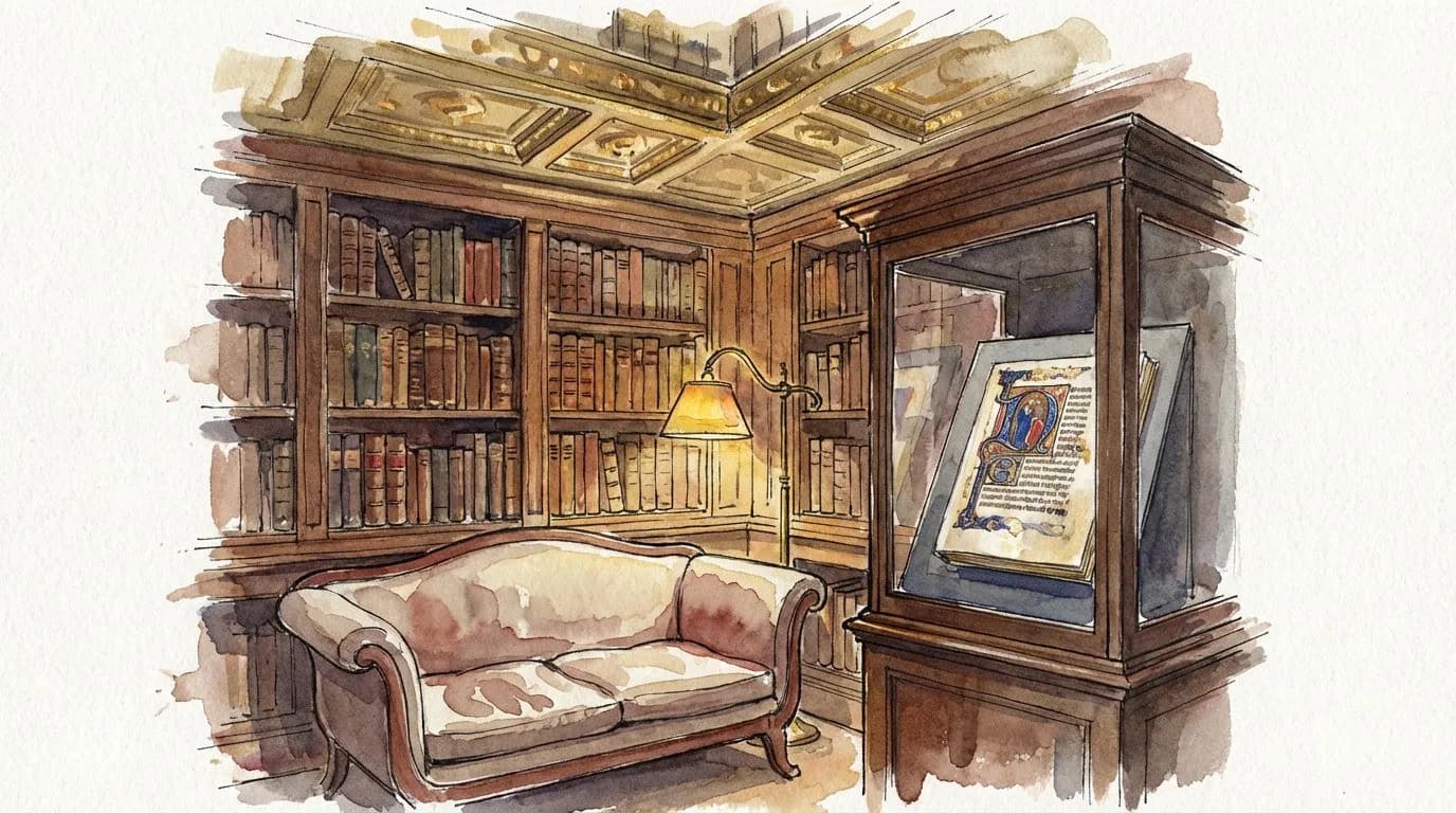 AI-generated watercolor: reading corner sofa beneath floor-to-ceiling walnut bookshelves in an ornate Gilded Age library room, gilded ceiling detail above, diffuse warm amber interior light