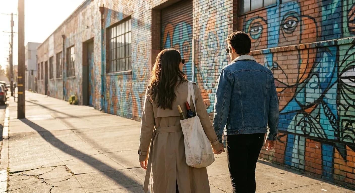 A couple walking past a mural-covered warehouse in afternoon light, one carrying a canvas tote with wine bottles