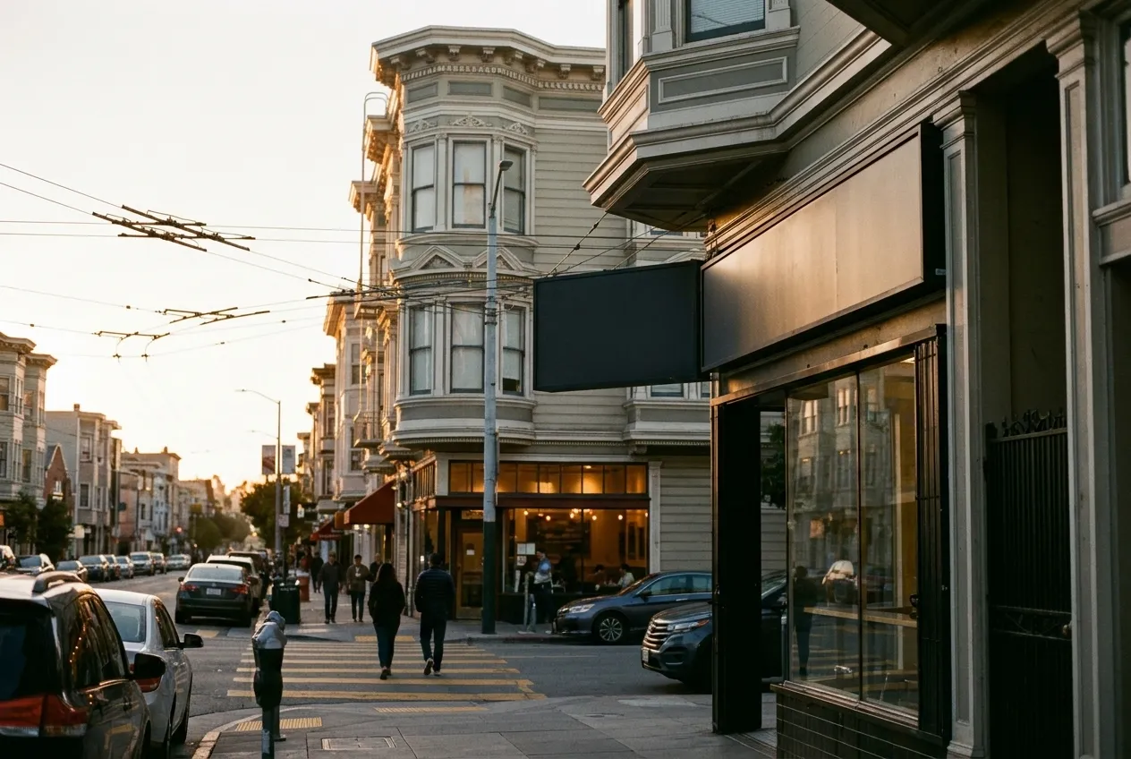 A Valencia Street restaurant storefront in San Francisco's Mission District at dusk with pedestrians walking past glowing windows.
