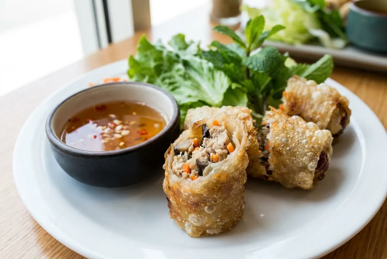 Crispy Vietnamese imperial rolls with fresh herbs and dipping sauce arranged on a white plate in natural light.