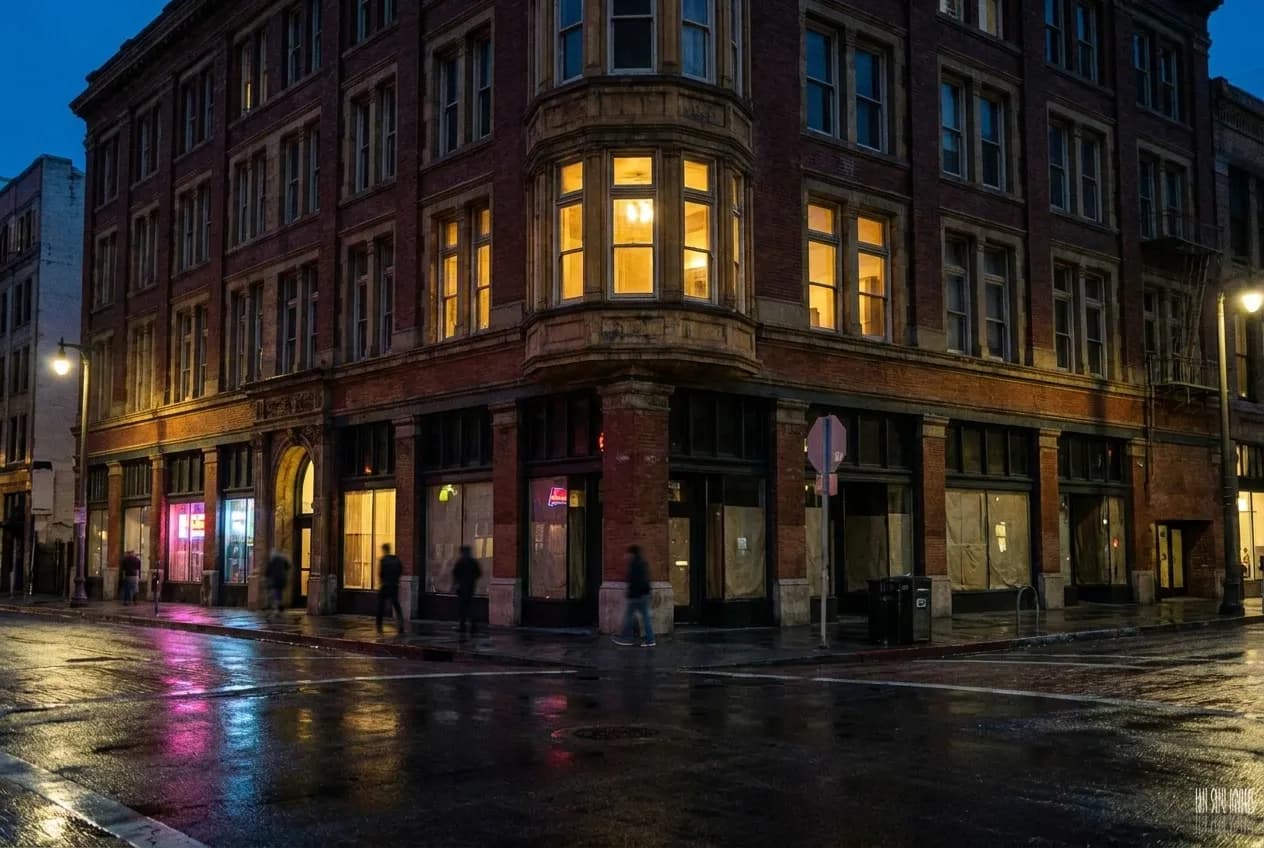 A nighttime street scene in Downtown Los Angeles Historic Core with illuminated storefronts and vintage architecture