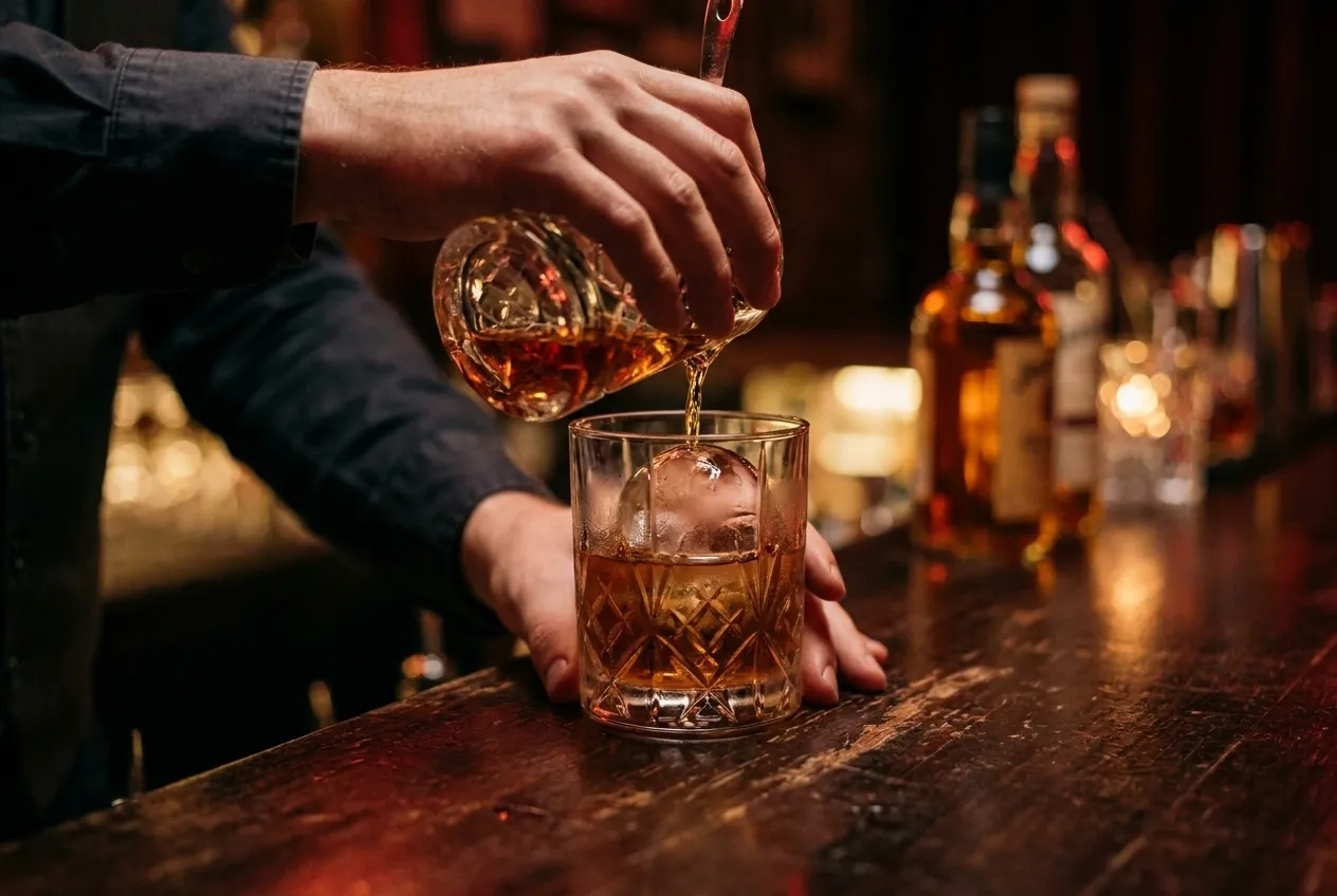 A bartender preparing a craft whiskey cocktail with a large ice sphere in dim bar lighting