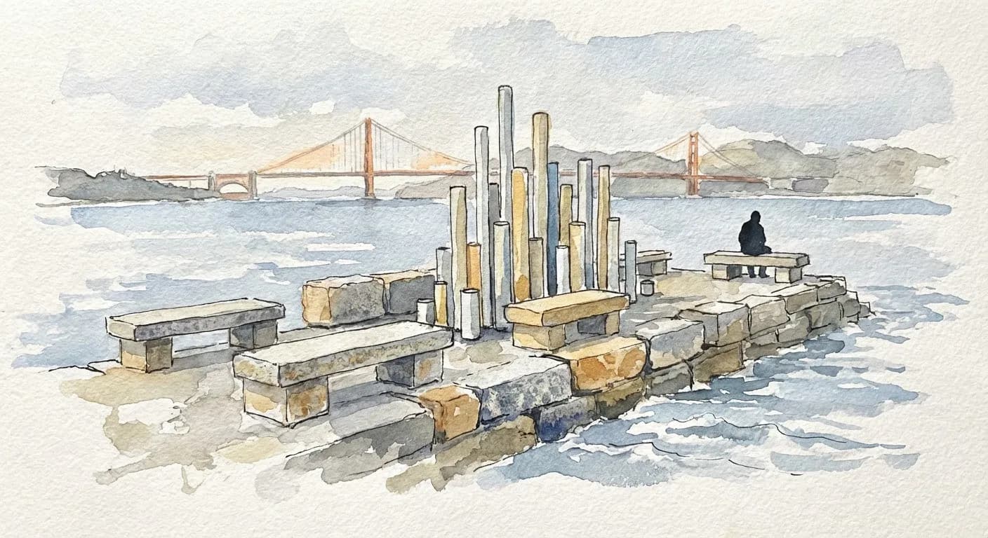 The Wave Organ: stone benches and pipes at the end of a jetty in the San Francisco Marina