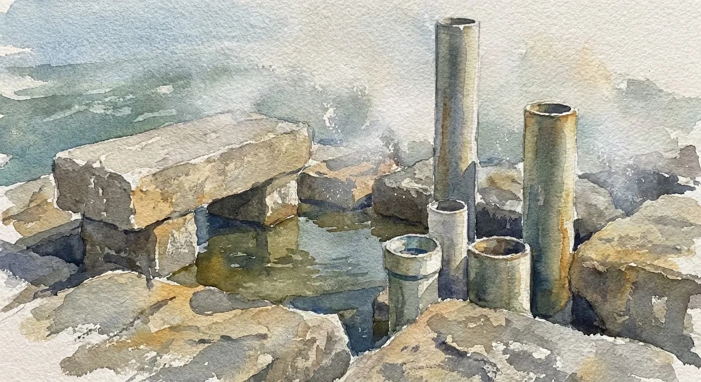 A stone bench at the Wave Organ with pipe openings at ear height, looking out across San Francisco Bay