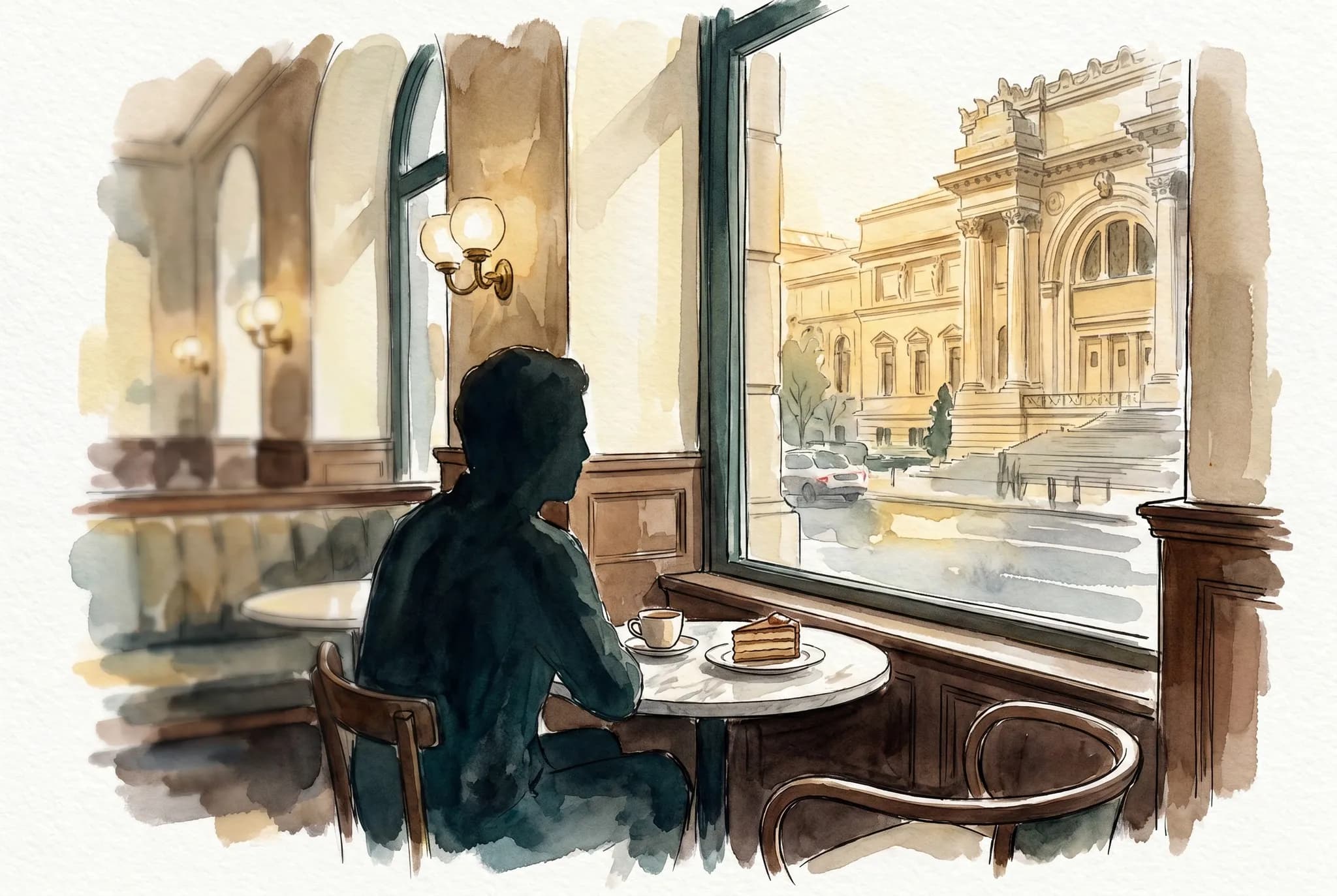 AI-generated watercolor: the window seat of a fin-de-siècle Vienna-style coffeehouse on Manhattan's Upper East Side, with a tall window facing Fifth Avenue and 86th Street, dark walnut paneling, an Adolf Loos bentwood chair, an Otto Wagner banquette, a brass Josef Hoffmann sconce, a single coffee cup and a slice of layered torte on a small marble table, and one patron rendered as a pure dark silhouette from behind seated at the window