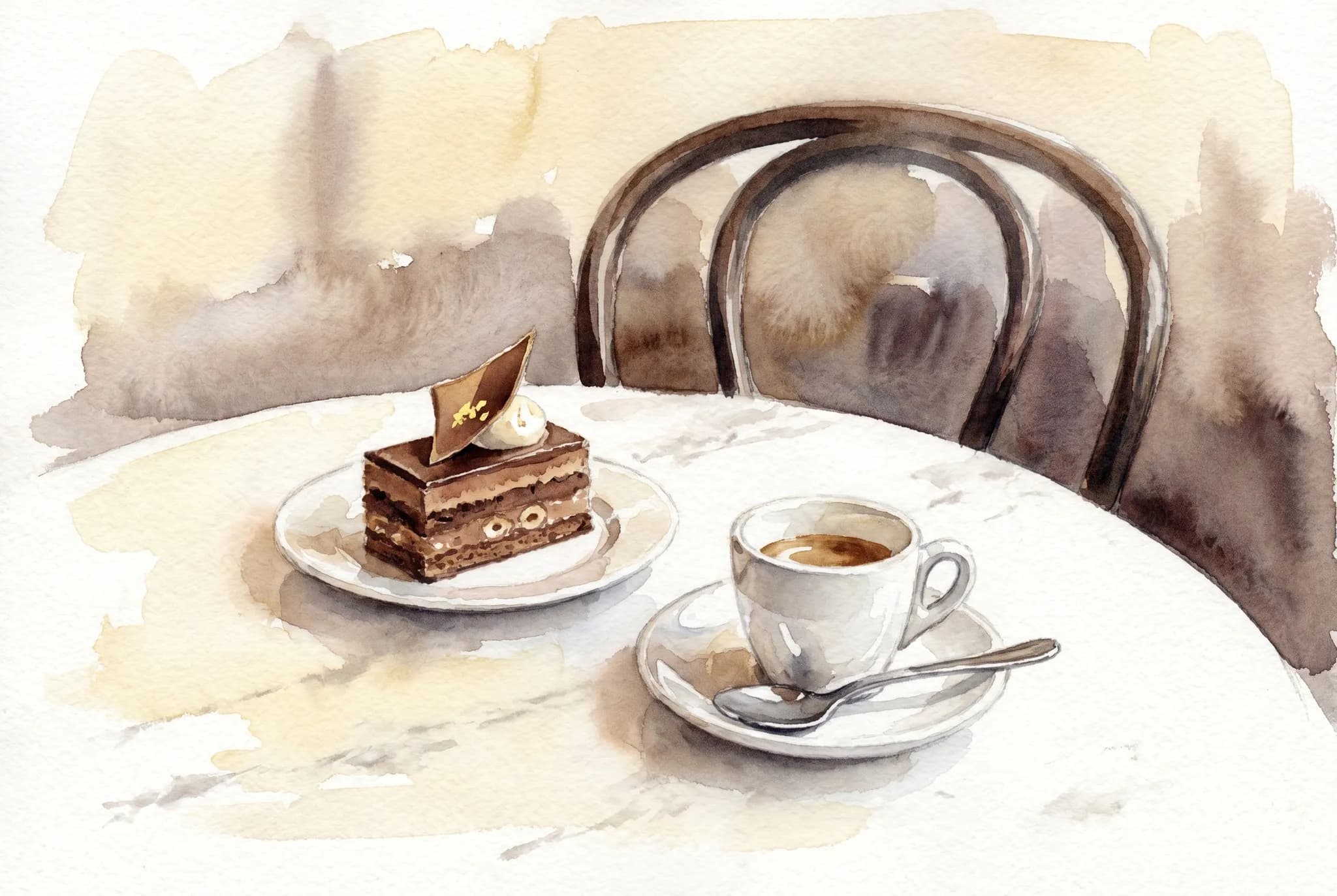 AI-generated watercolor: a still life on a small white marble cafe table from above-and-slightly-front, showing a single slice of layered chocolate-and-hazelnut torte garnished with a crisp gold-leaf-style chocolate disc, an espresso in a small white china cup with saucer, a small silver spoon, and the bentwood curve of an Adolf Loos cafe chair slightly out of focus behind