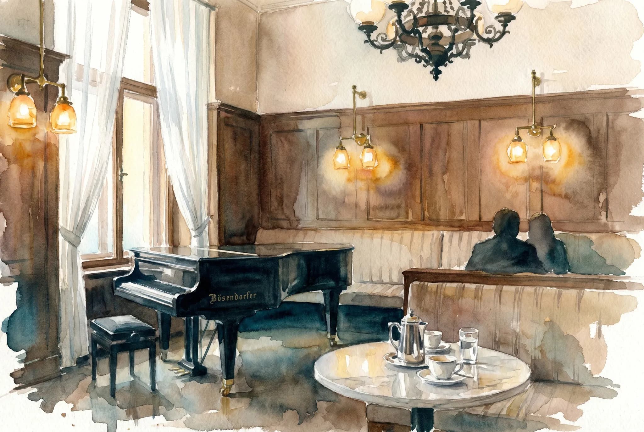 AI-generated watercolor: an interior corner of a fin-de-siècle Vienna-style coffeehouse, with a black Bösendorfer grand piano in one corner under a tall window with sheer white curtains, brass Josef Hoffmann ceiling sconces casting amber light, a long Otto Wagner upholstered banquette running along a walnut-paneled wall, and two distant patrons rendered as pure dark silhouettes from behind seated at a far banquette