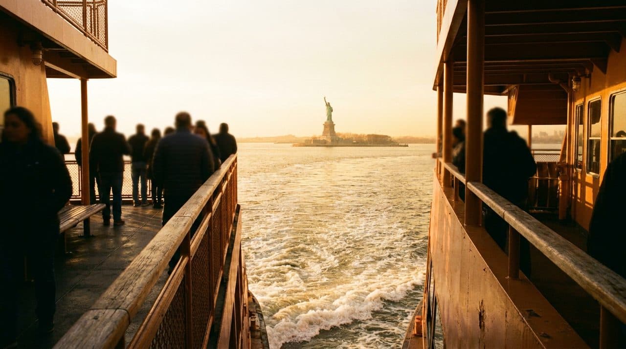 The Back Deck of the Staten Island Ferry at Golden Hour, Free and Unobstructed - scene