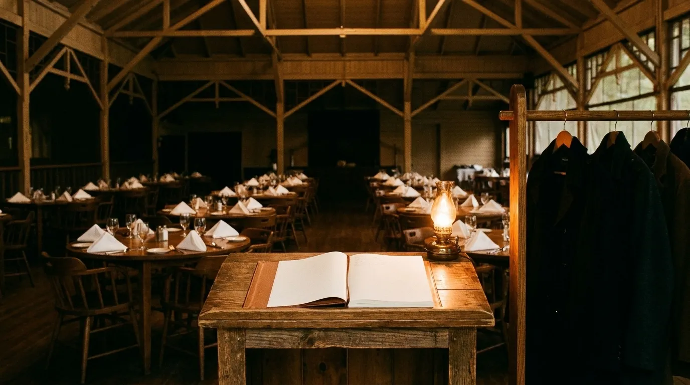 A restaurant host stand at the front of a dim dining room with a reservation book open on it and a row of empty set tables behind