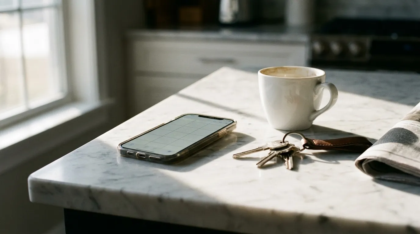 A phone lying face up on a marble counter showing a blank booking grid, a set of keys and a coffee cup beside it in morning light