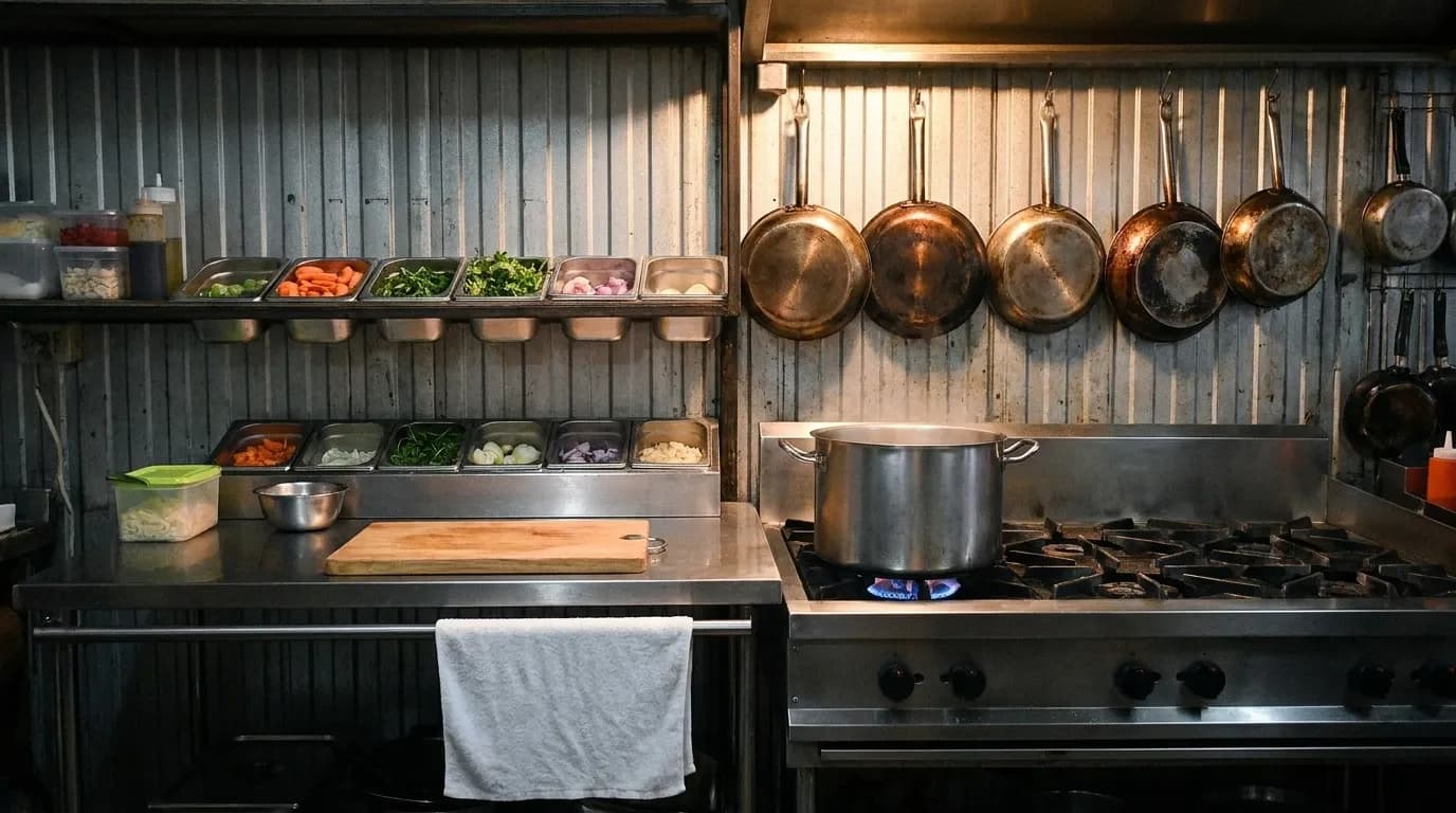 An open kitchen behind a pass with copper pans hanging and a row of prepped containers