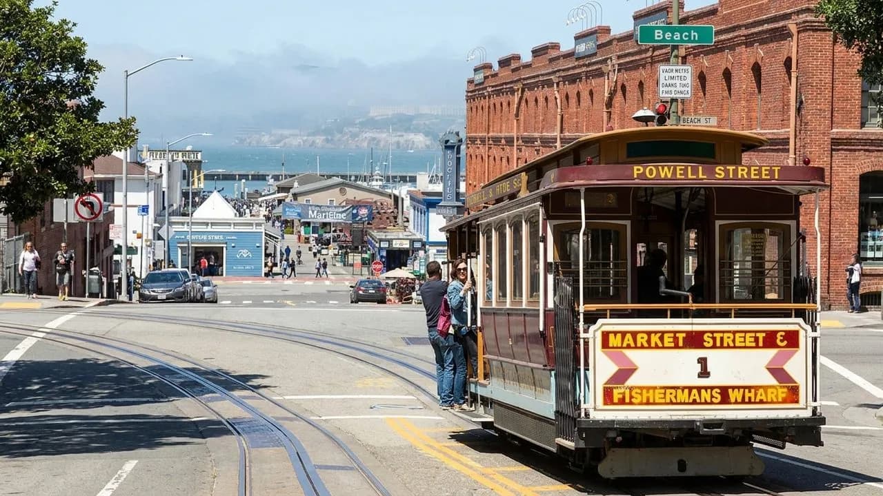 Hyde Street Cable Car rolling through Fisherman's Wharf near the turnaround.