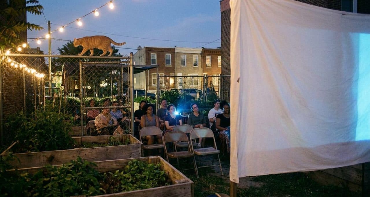 The Community Garden Pavilion Where Norway vs Morocco Plays on a Bedsheet Screen - scene