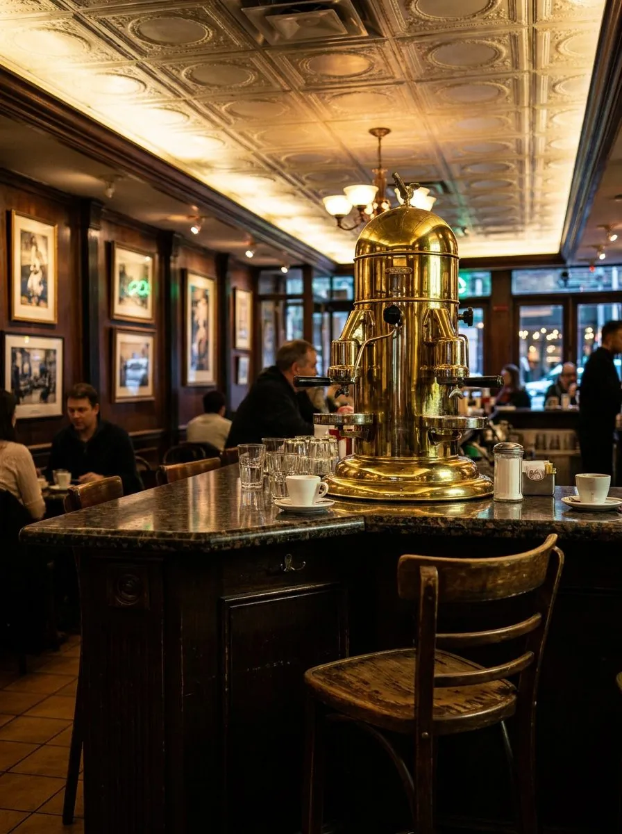 The corner stool at Caffè Reggio that faces the 1902 espresso machine