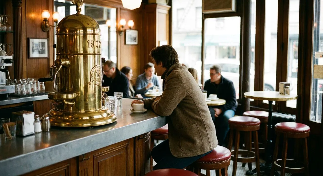 The corner stool at Caffè Reggio that faces the 1902 espresso machine