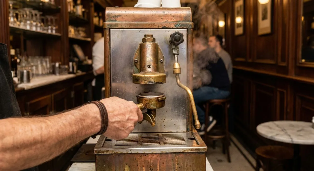The corner stool at Caffè Reggio that faces the 1902 espresso machine