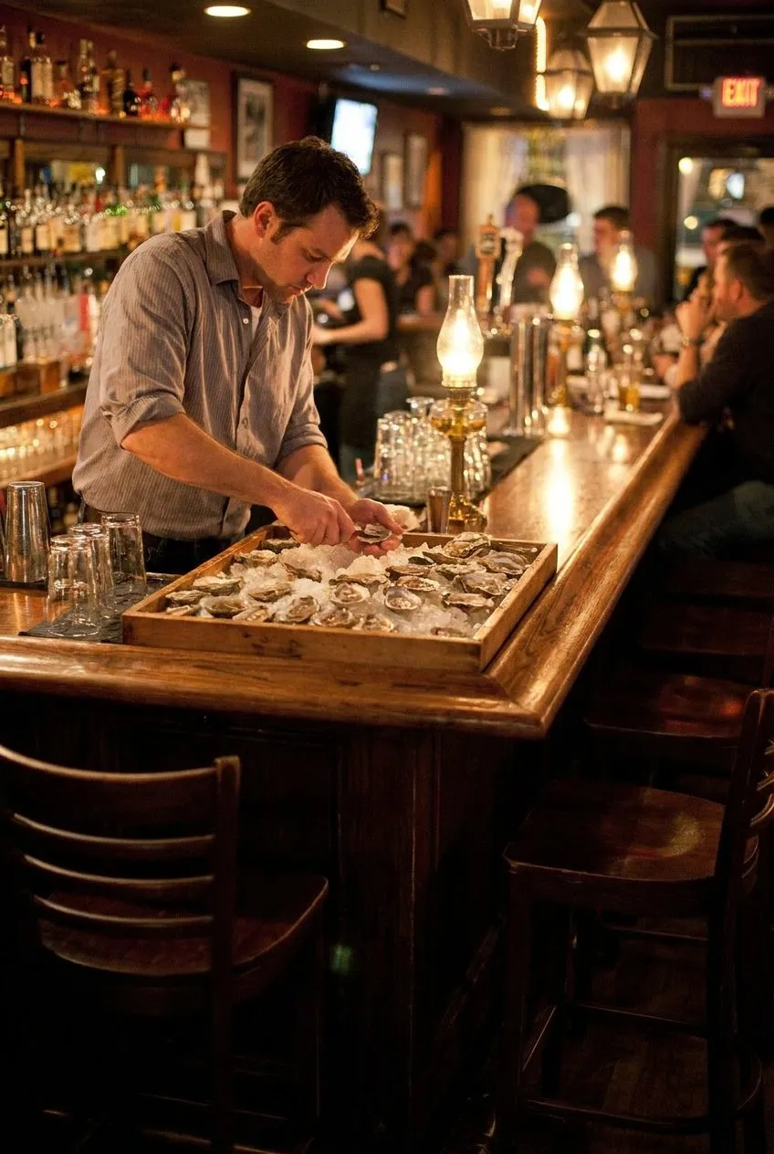 The corner stool at Gage & Tollner where gaslight still means gaslight