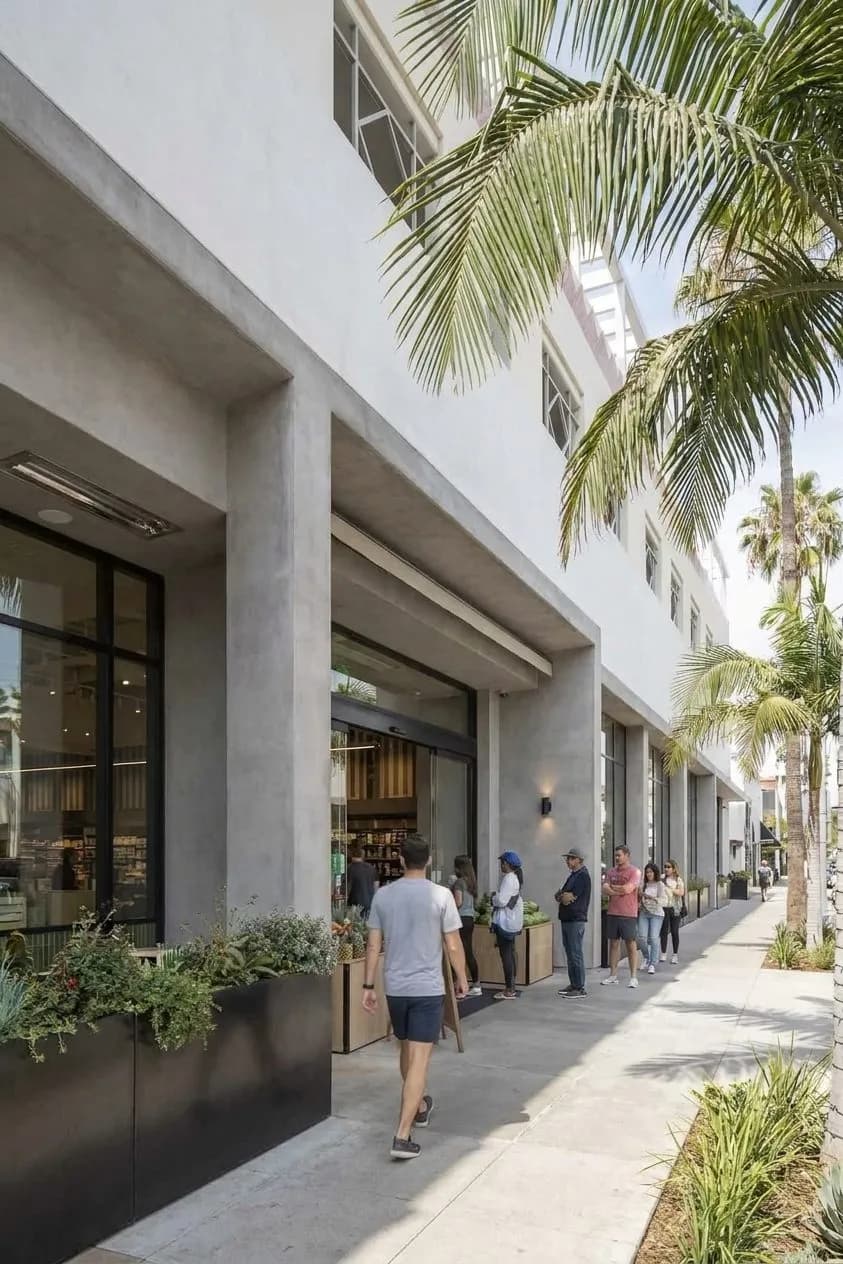 Sunlit upscale grocery storefront with a short line outside in Beverly Hills