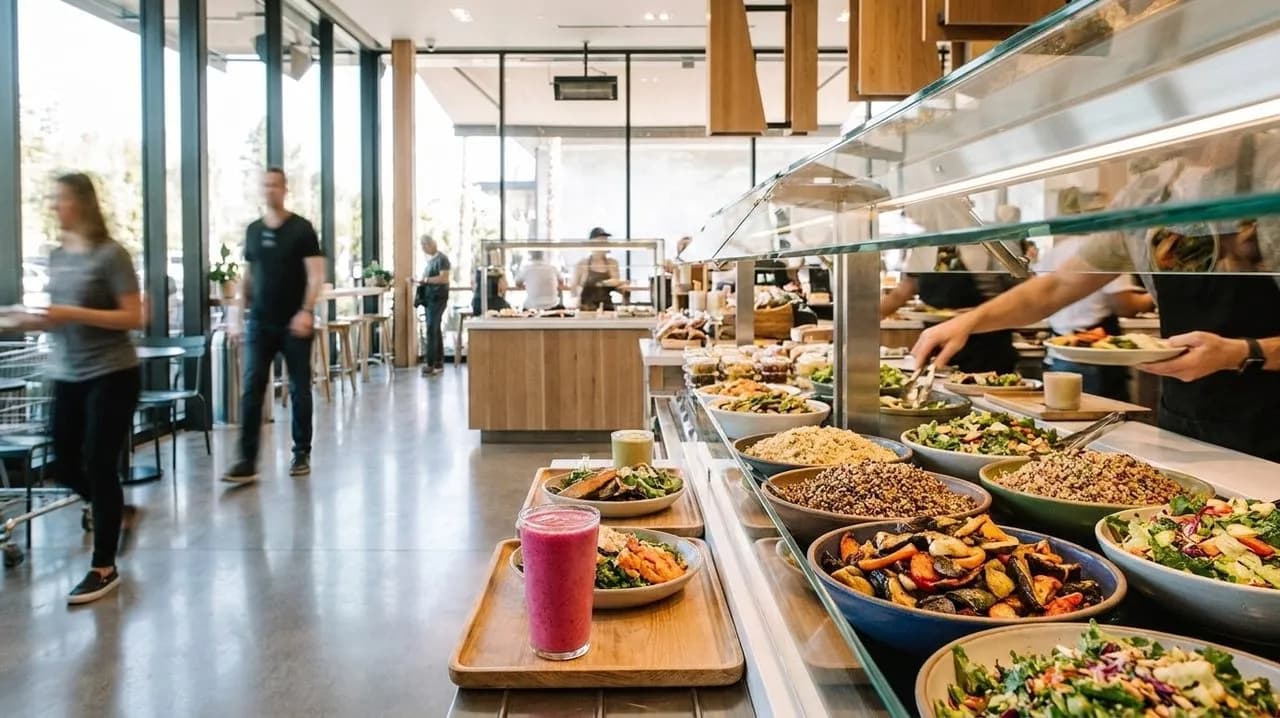 Fresh smoothie and hot bar plate on a bright grocery counter