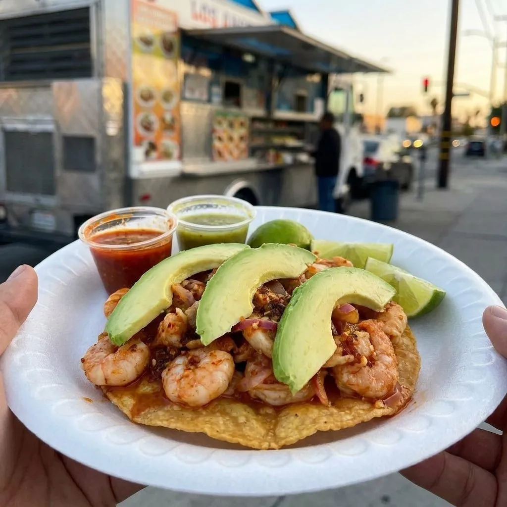 Close-up of a crispy shrimp taco with salsa and lime at a Los Angeles taco truck