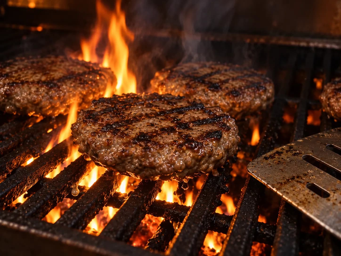 Beef patties on an open chargrill with flames licking between the grate bars, char marks forming and fat dripping into the fire