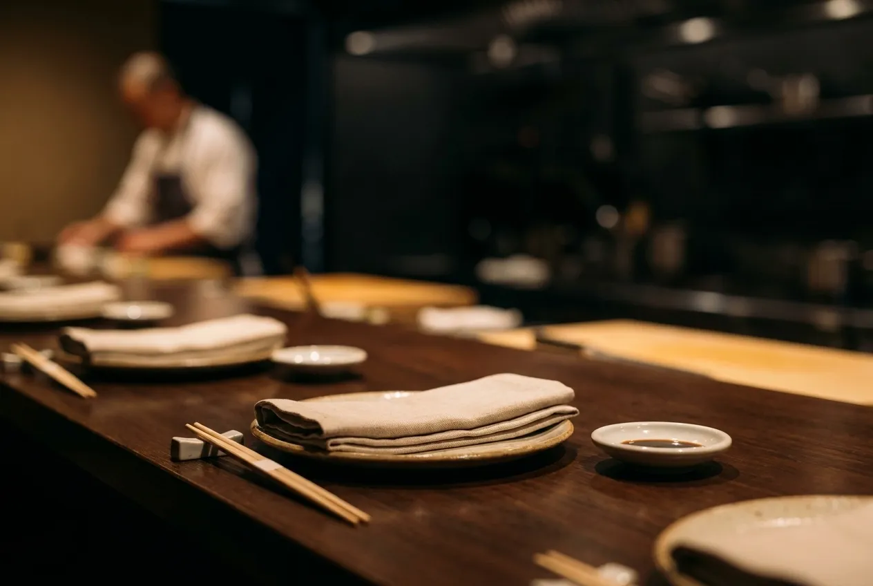 A chef's counter with place settings laid out before service