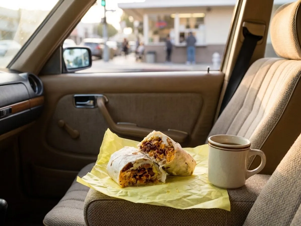 Wrapped breakfast burrito and coffee in a parked car outside a Pasadena counter at morning light
