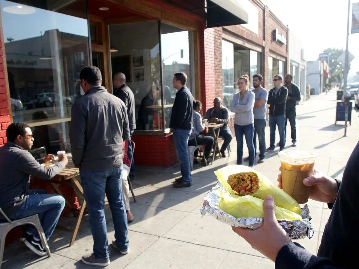 Morning sidewalk line outside a Fairfax coffee shop with people picking up breakfast