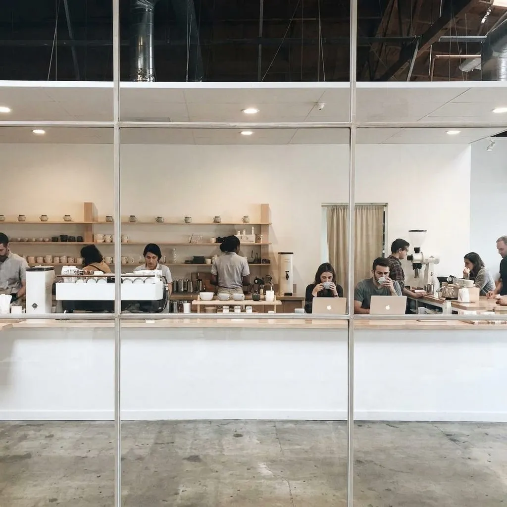 Minimal espresso bar with laptops and a pour-over setup in a bright Los Angeles cafe.
