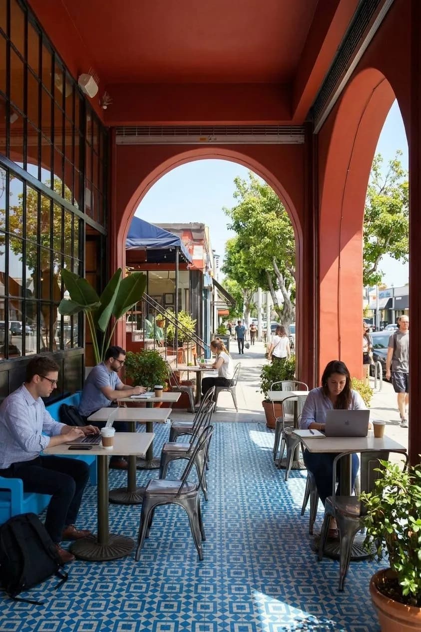 Quiet outdoor coffee seating in a Silver Lake neighborhood cafe on a sunny workday.