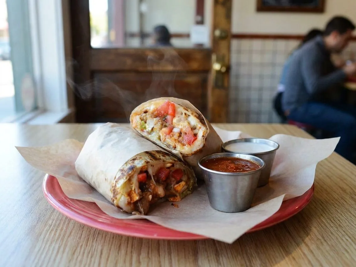 A Mission burrito with salsa and napkins on a tray in San Francisco