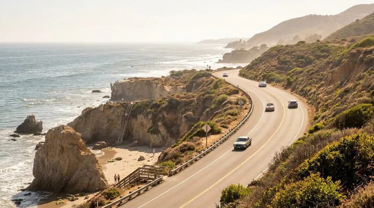 Coastal road and ocean view approaching Malibu beaches