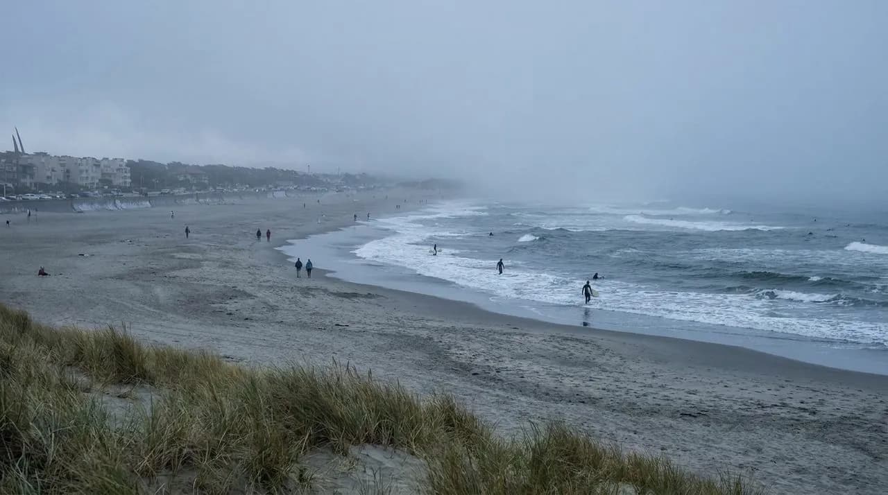 Ocean Beach shoreline in San Francisco with fog and surf.