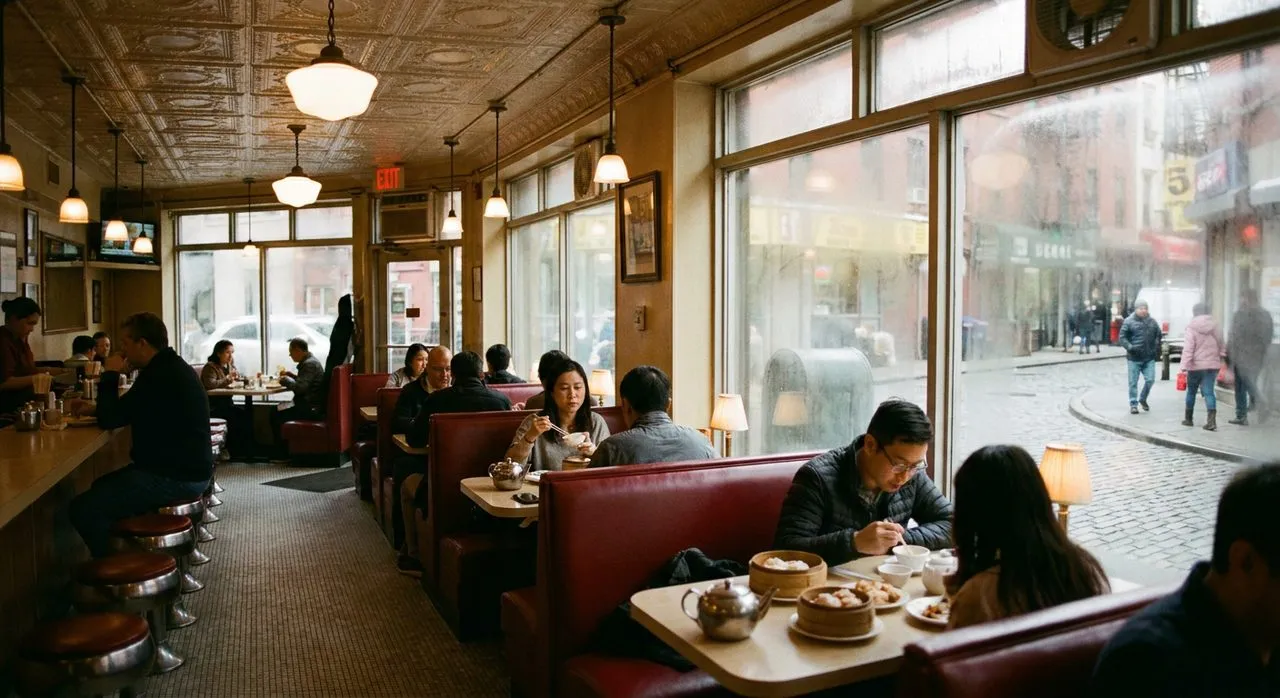 The red leather booth at Nom Wah Tea Parlor that faces Doyers Street since 1920