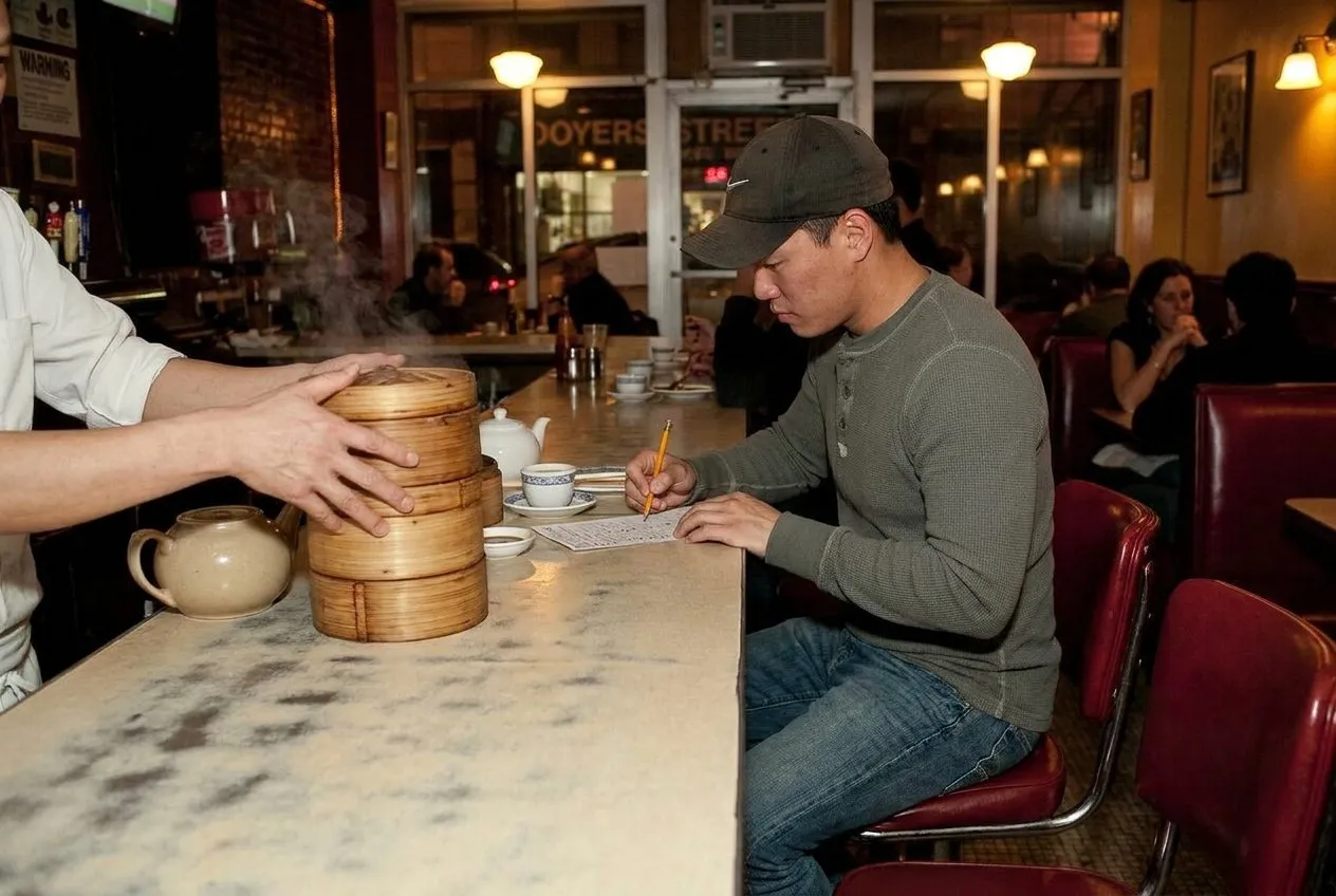The red leather booth at Nom Wah Tea Parlor that faces Doyers Street since 1920