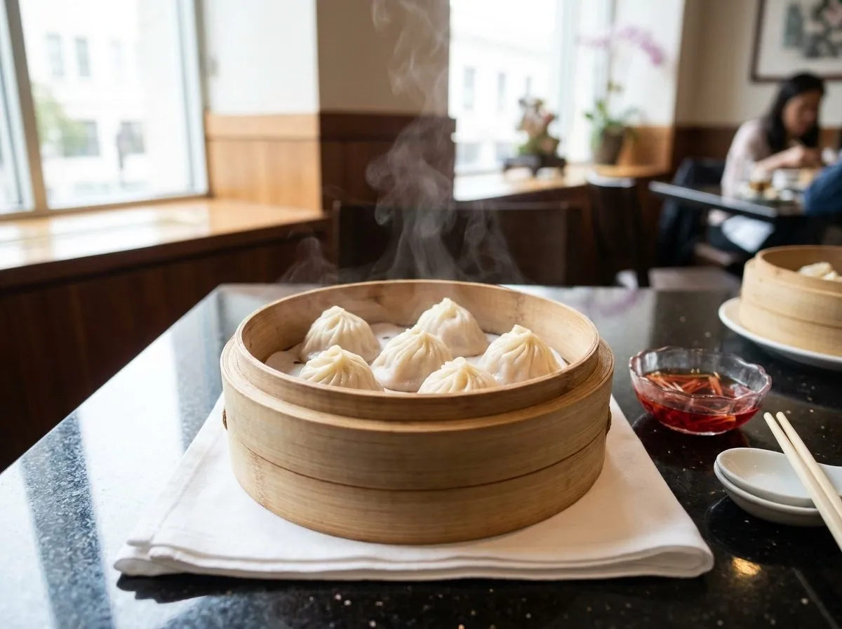 Steaming soup dumplings in a bamboo basket with ginger and black vinegar at a San Francisco dim sum table