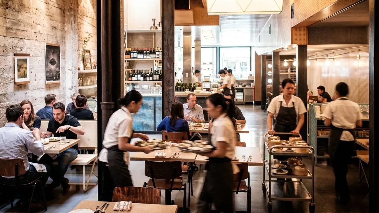 A lively dining room with servers moving plates at State Bird Provisions in San Francisco